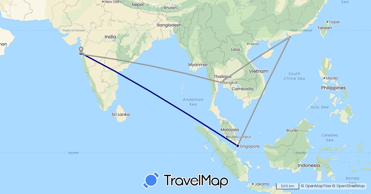 TravelMap itinerary: driving, plane in China, India, Singapore, Thailand (Asia)